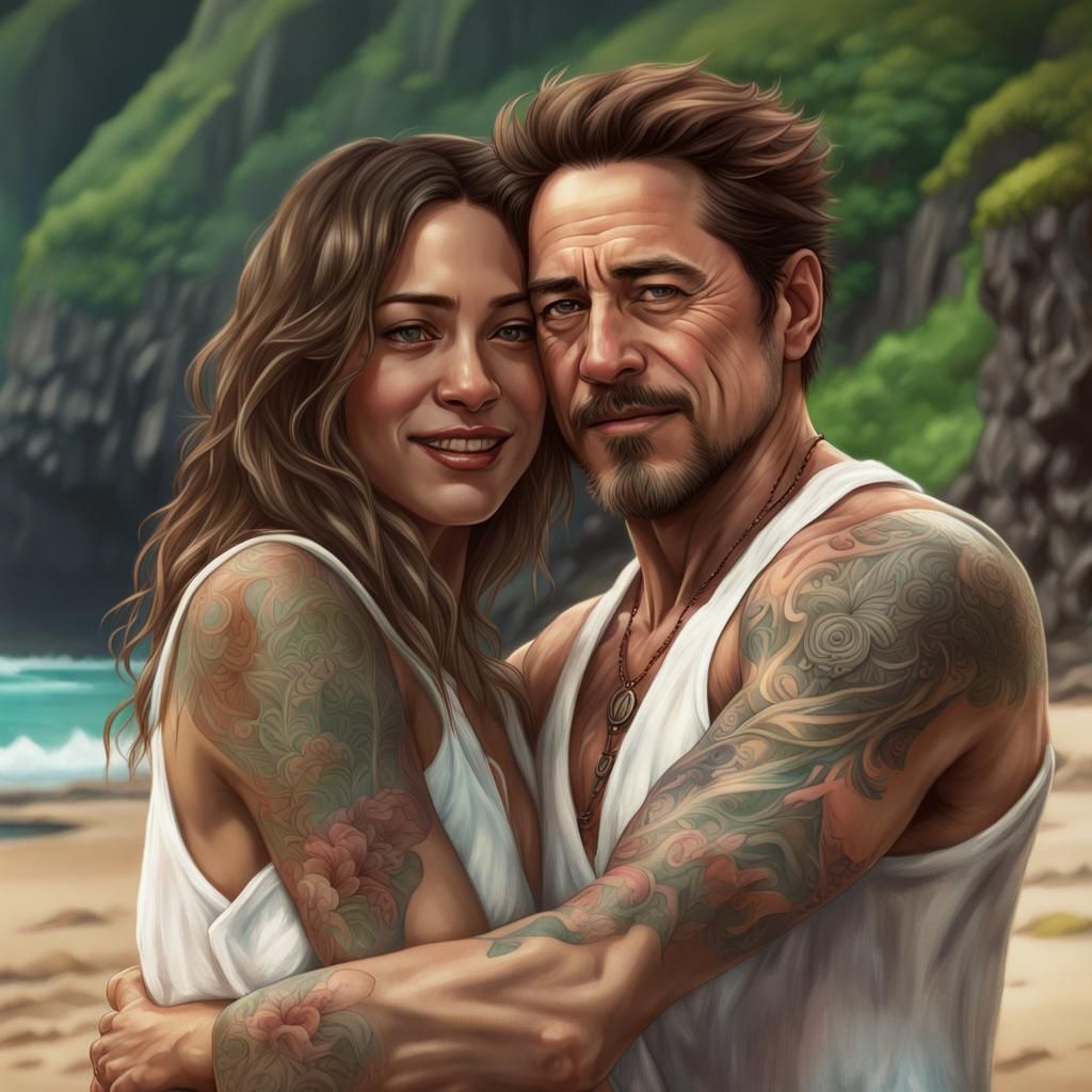 Robert Downey Jr. with Hawaiian Woman: Hyperdetailed Portrai...