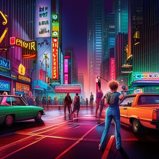 Vibrant 80s Scene with Neon Decorations