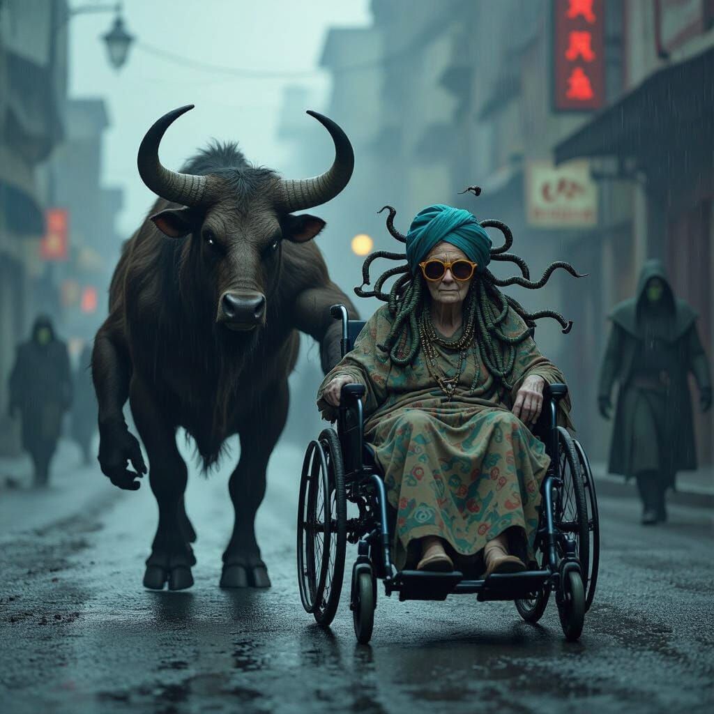 Minotaur and Medusa on a Desolate Street