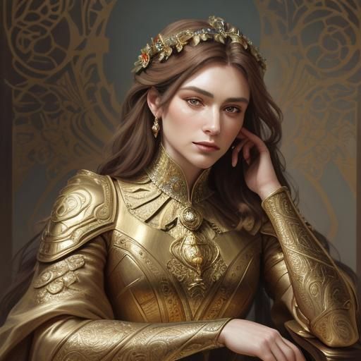 Regal Woman in Golden Armor, Art Nouveau Portrait