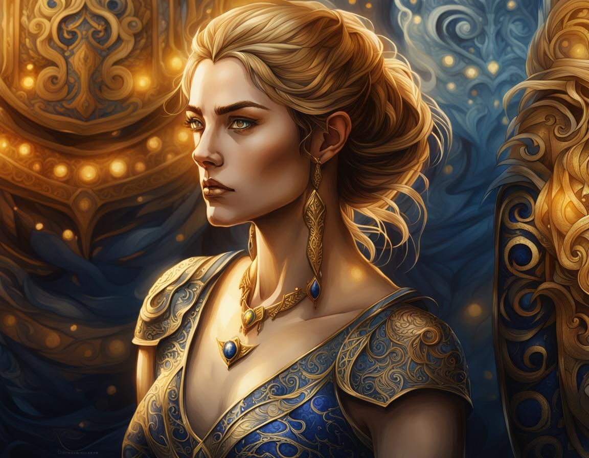 Ethereal Elf Warlord Portrait in Watercolor Gold Leaf