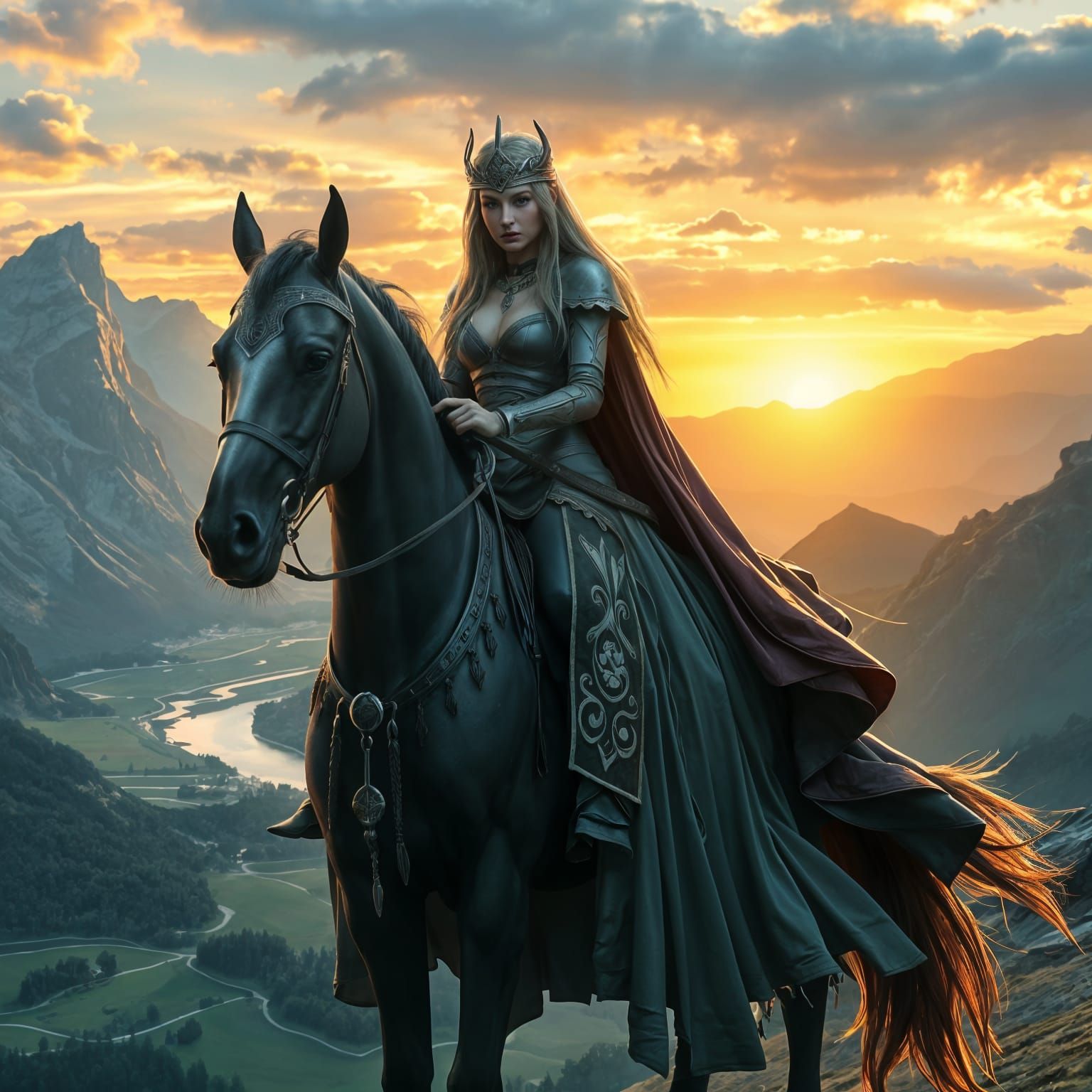 Epic Elf Queen on Horse at Sunset