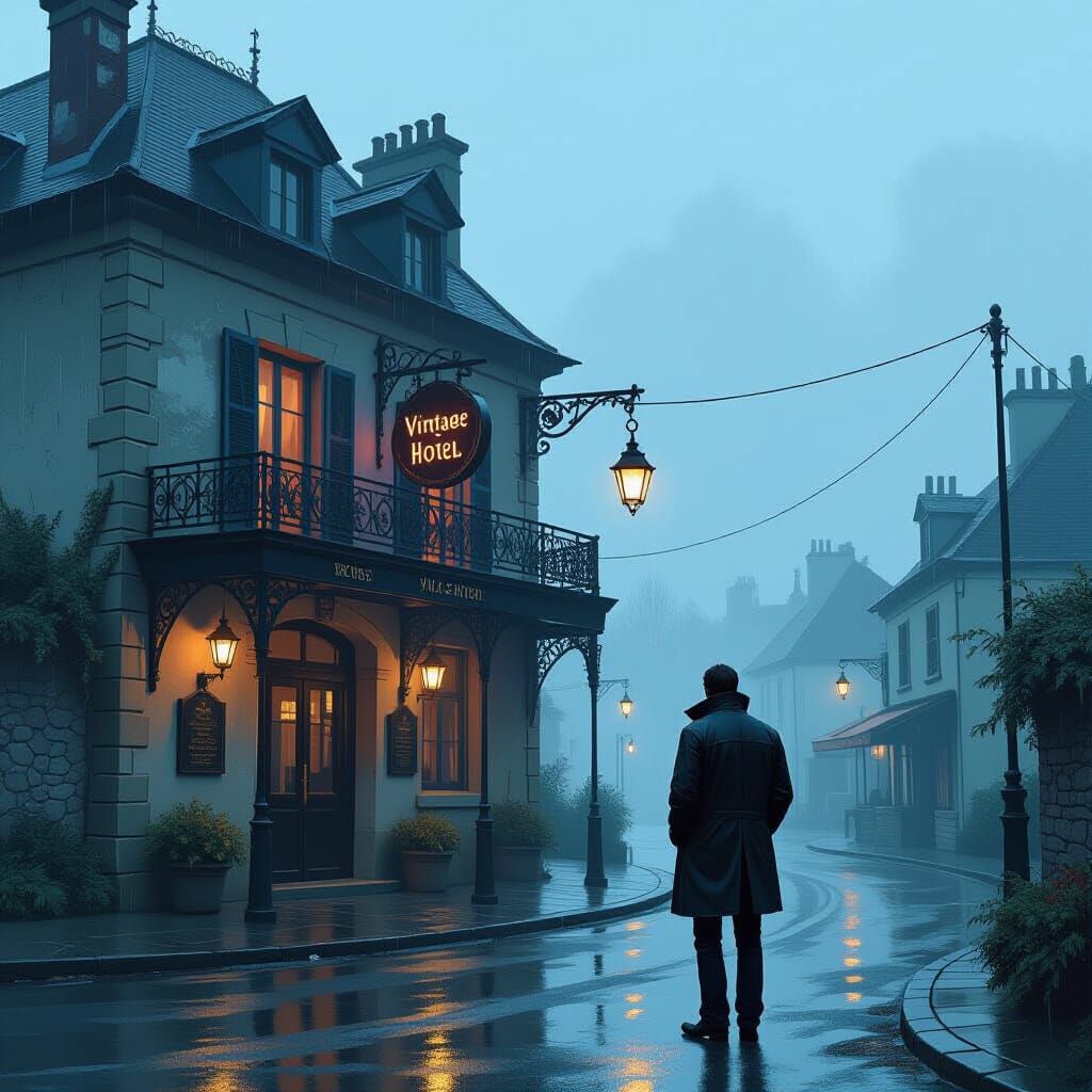 Melancholic Traveler at Vintage French Hotel, Moebius Style