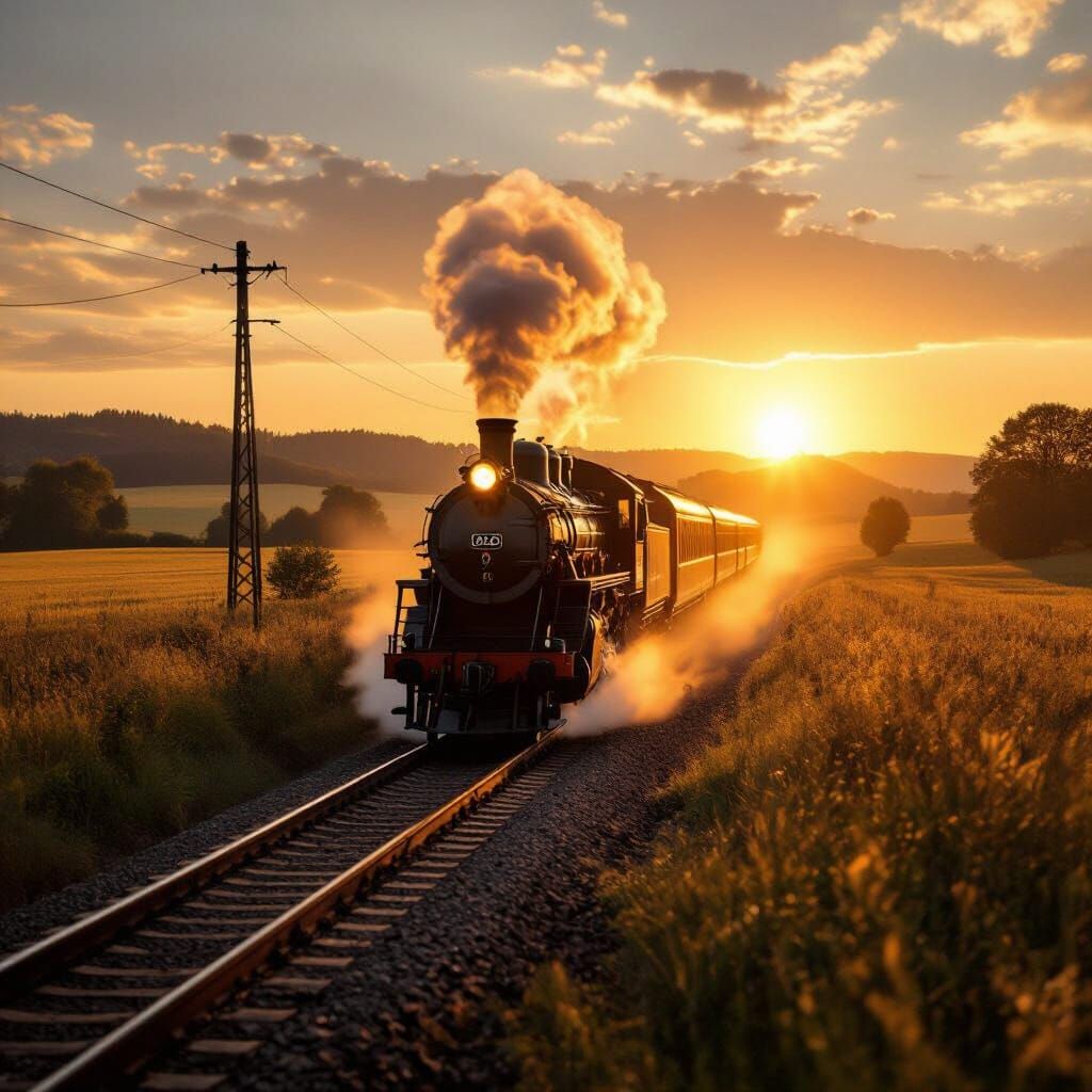 Cinematic Sunset Train Journey Through Golden Countryside