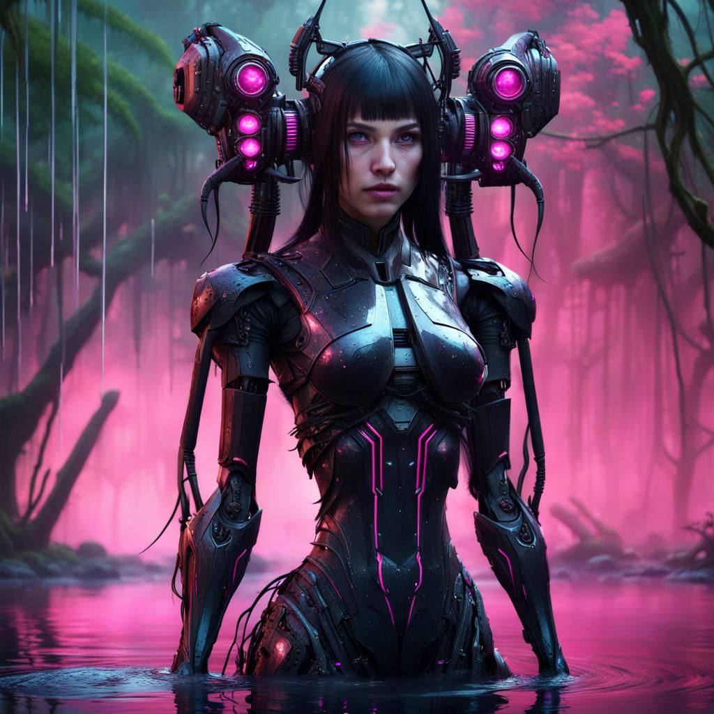 Cybernetic Robot Girl Rises from Swamp: Digital Painting