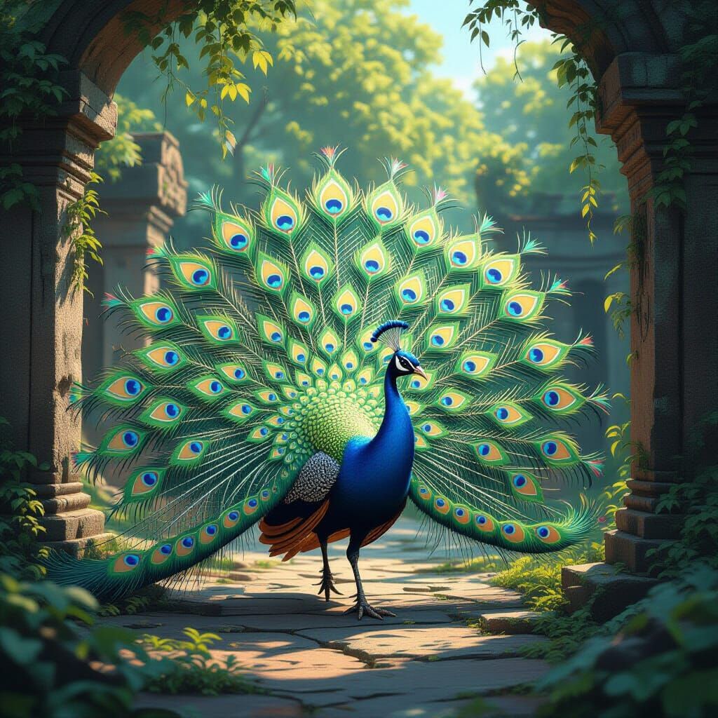Majestic Dragon-Feathered Peacock in Ancient Ruins