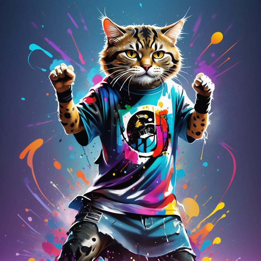 Hyperrealistic DJ Cat Party in Splash Art Style