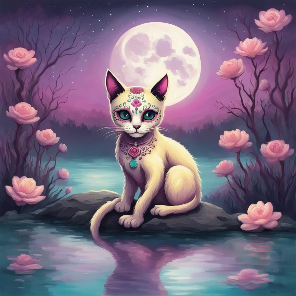 Sugar Skull Cat in Moonlight Pond