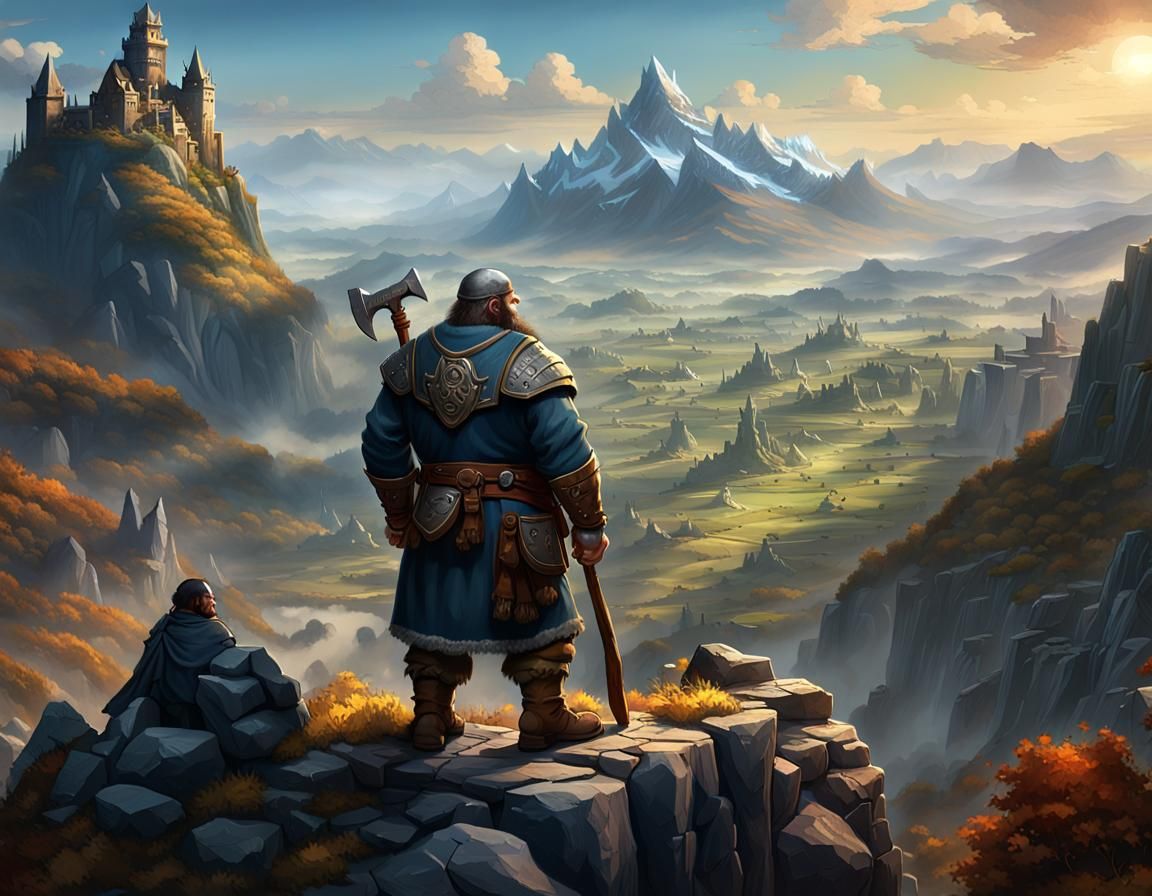 Dwarf Sentinel Overlooking Valley, Dark Fantasy Concept Art
