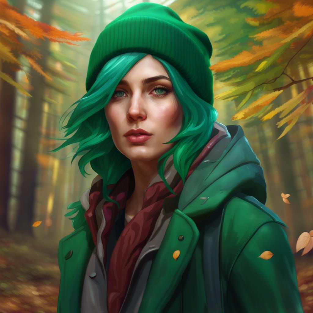 Emerald Haired Woman in Autumn Forest, Hyperdetailed Portrai...