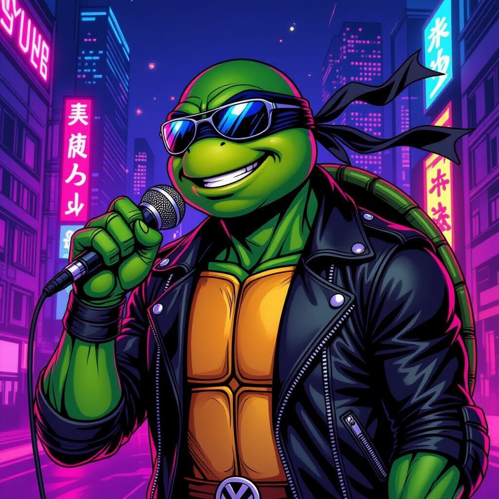 Neon Ninja Turtle Sings in Comic Book Style
