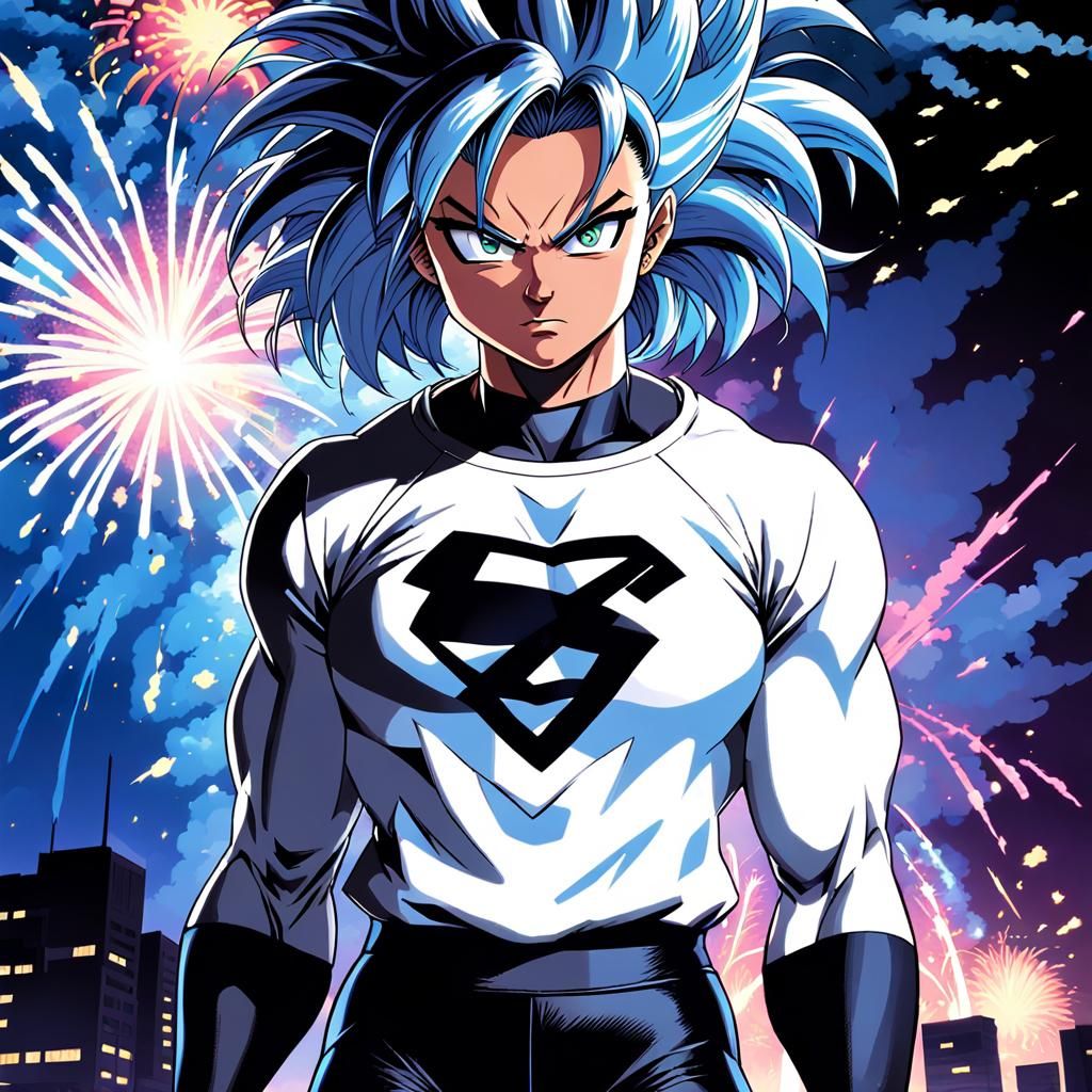 Anime Super Saiyan Woman Bodybuilder with Fireworks