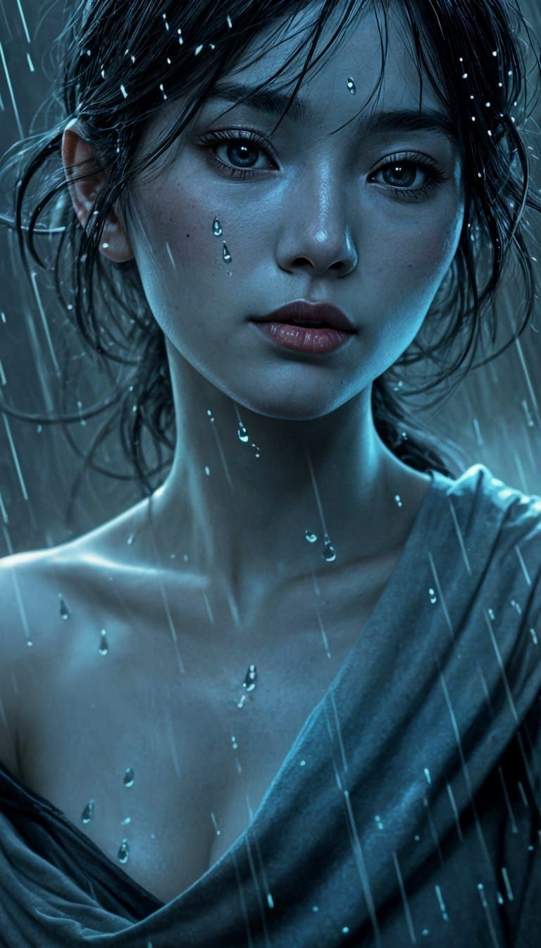 Blue-Skinned Korean Goddess Erupts in Vibrant Rainy Scene