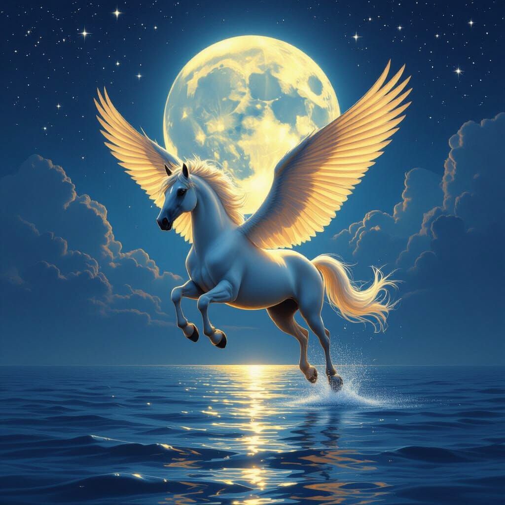 Golden Pegasus Soars Over Moonlit Ocean in Fantasy Art Style
