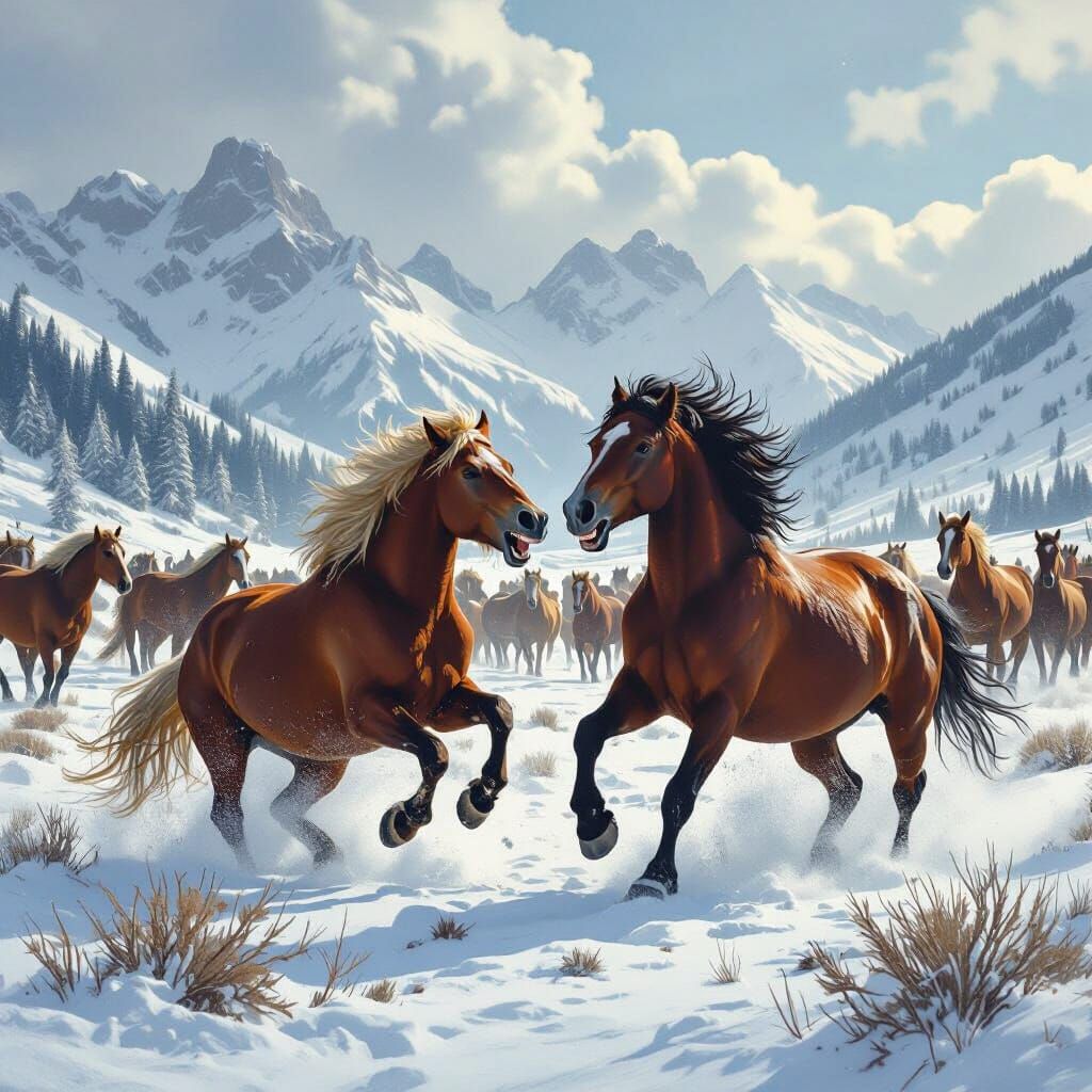 Wild Horses Battle in Snowy Rockies Herd Watches