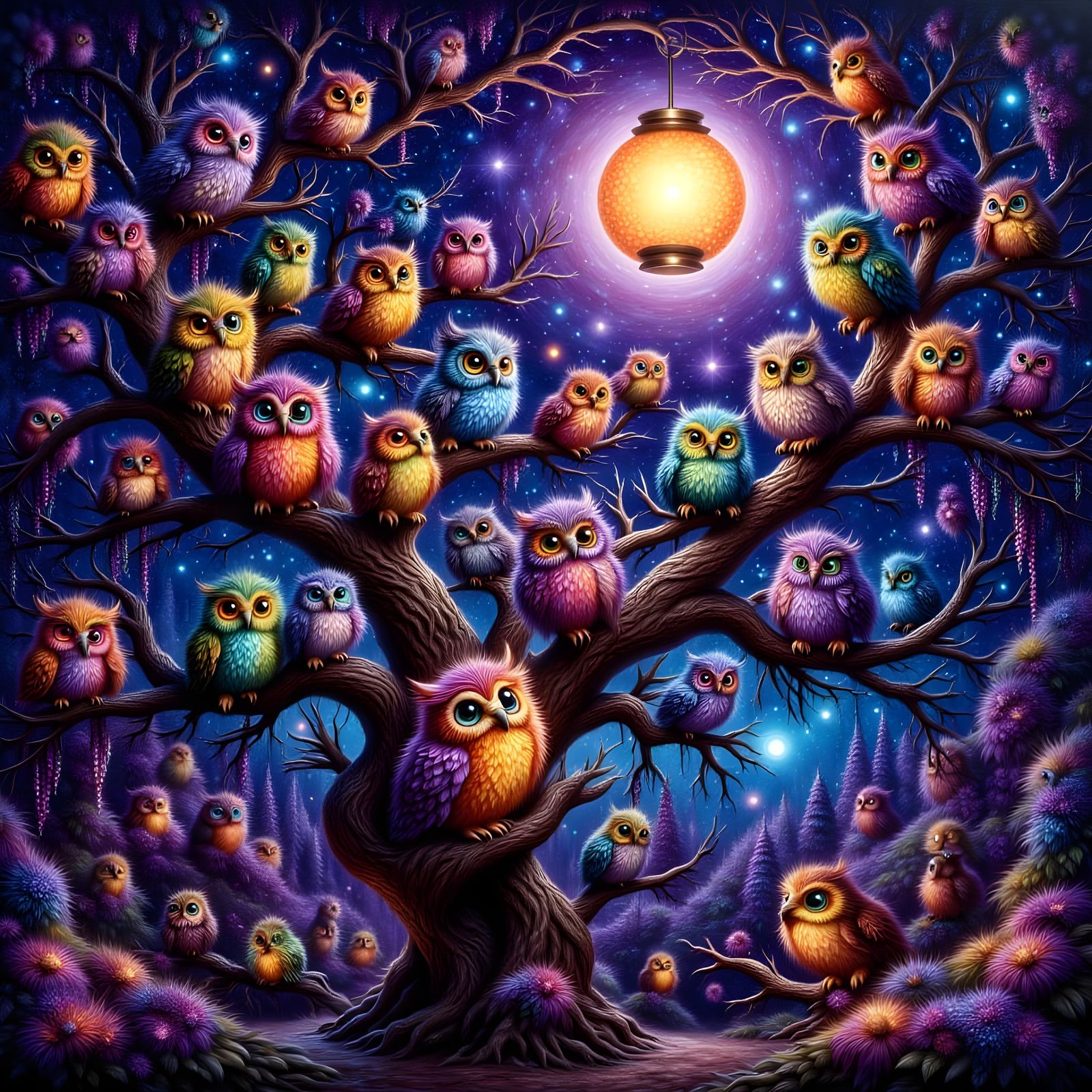 Colorful Cartoon Owls in Starry Night Impasto Oil Painting