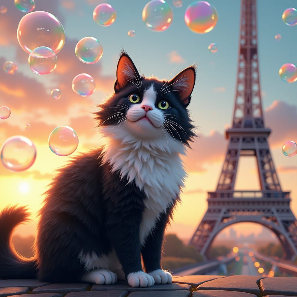 Cat Chasing Bubbles in Paris: Splash Art