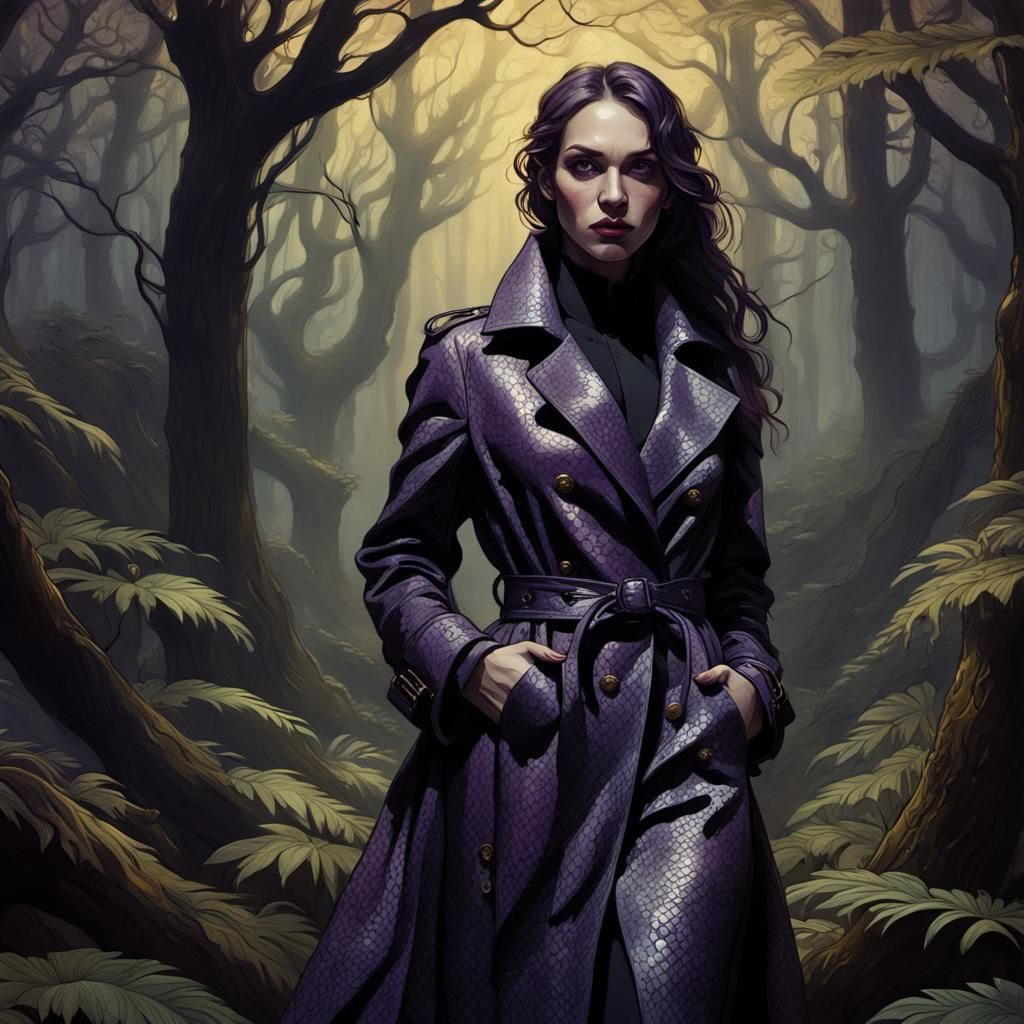 Mystical Forest: Woman in Python Trench Coat
