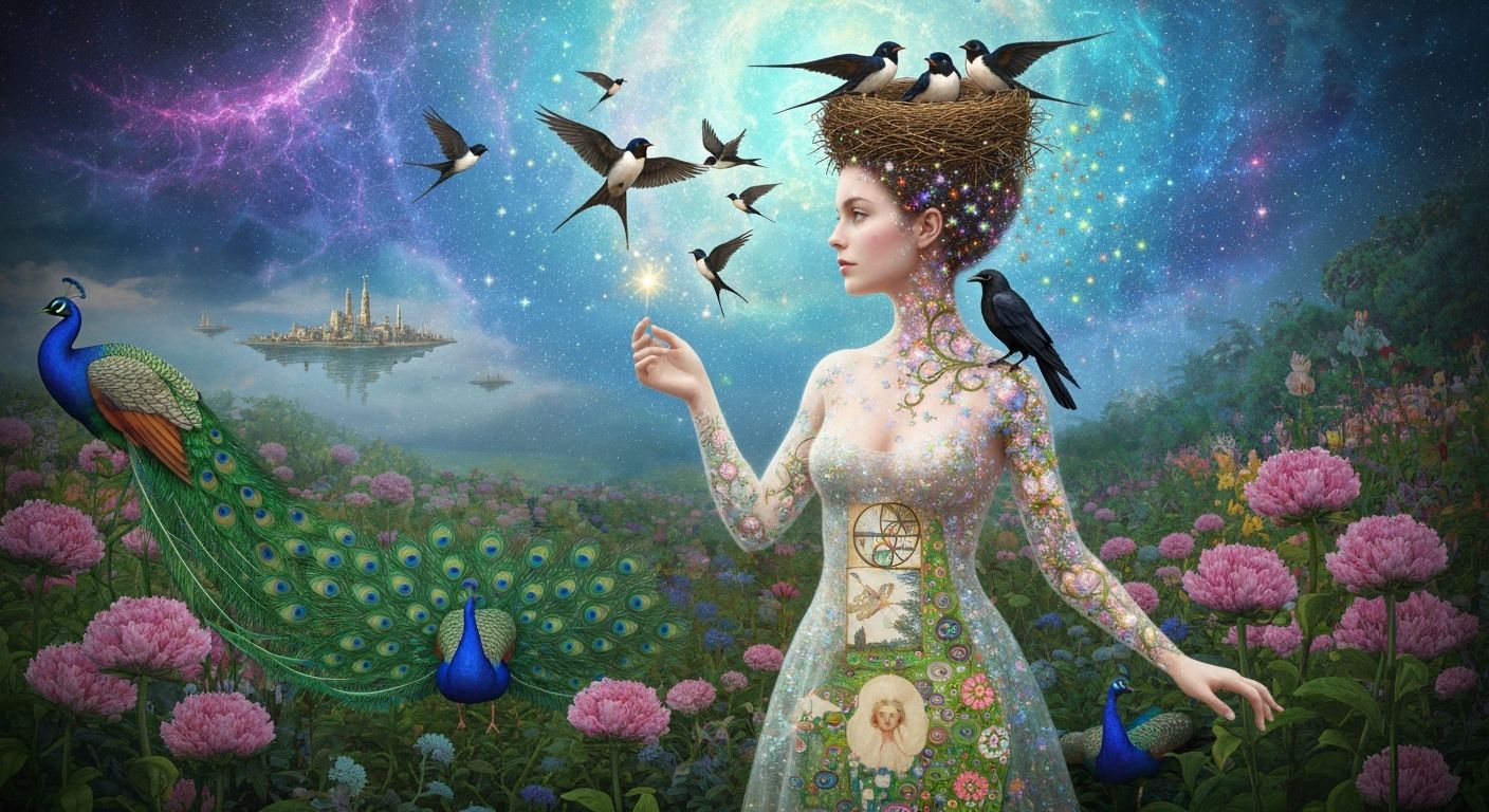 Ethereal Woman Transforms into Birds Amidst Cosmic Energy