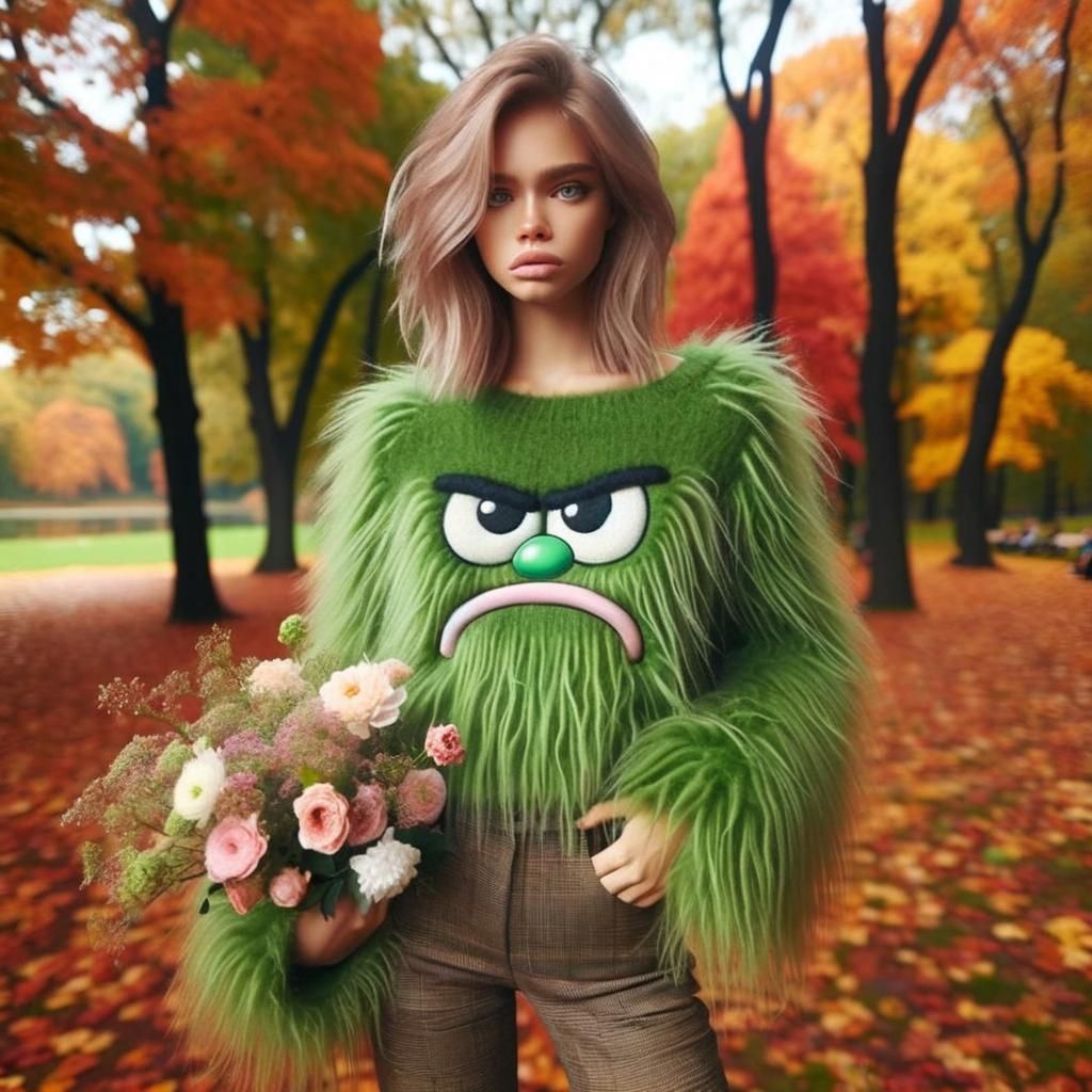 Playful Woman in Autumn Park with Flowers