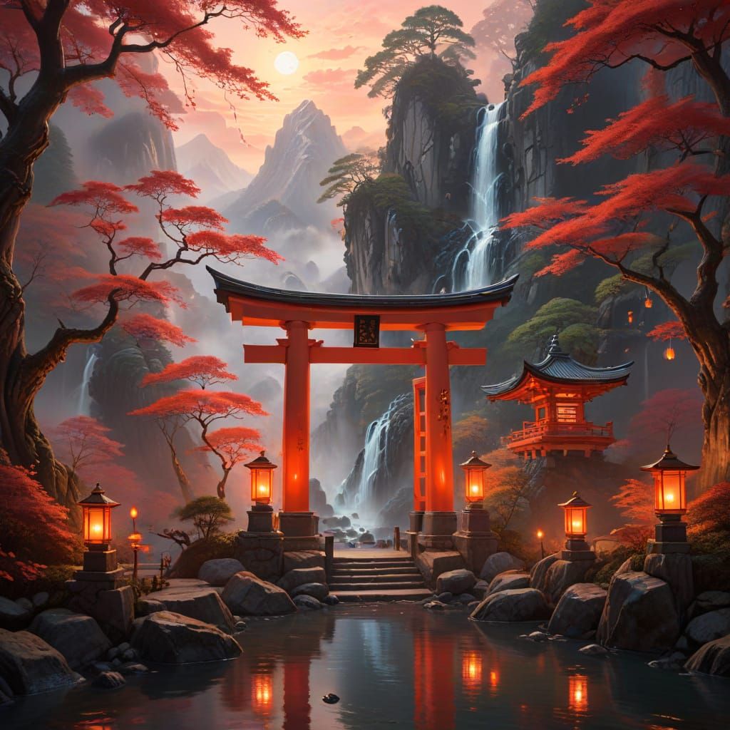 Glowing Red Torii Gate Portal in Foggy Mountains