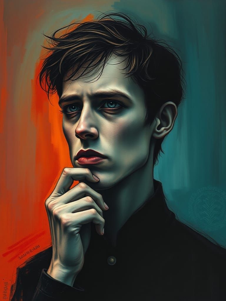 Surreal Portrait of a Contemplative Man, Exuding Restless An...