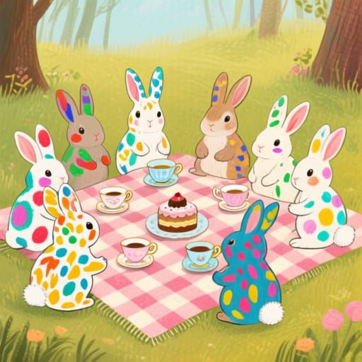 Whimsical Rabbits Enjoy Tea Party in Storybook Style