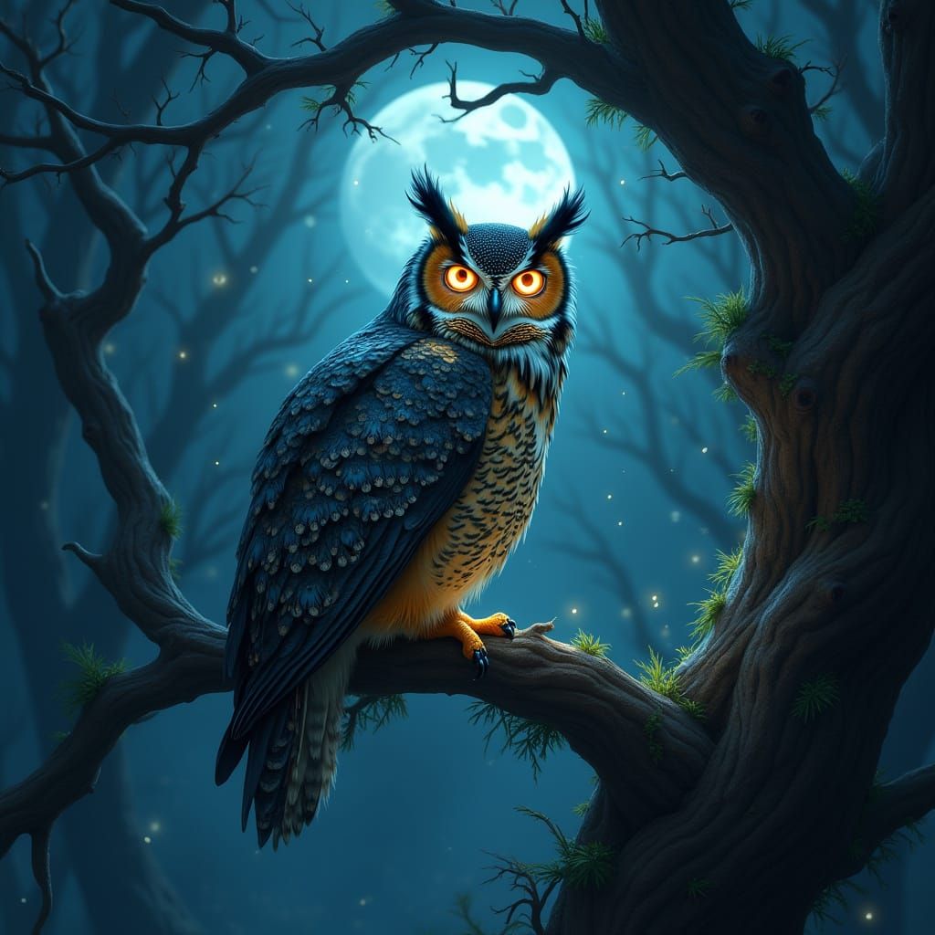 Majestic Owl in Moonlit Enchanted Forest