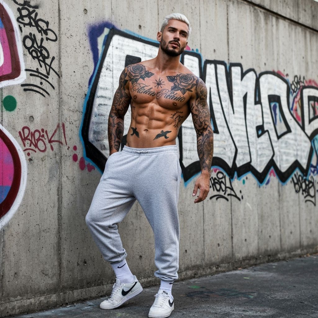Shirtless Tattooed Model Posing Against Graffiti Wall