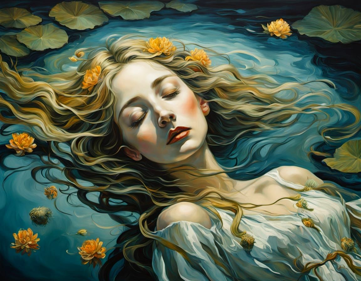 Ophelia's Surreal Floating Body in Pond