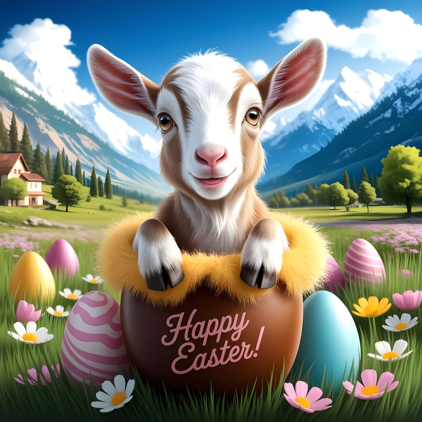 Happy Easter Goat Emerge from Chocolate Egg in Kashmir Valle...