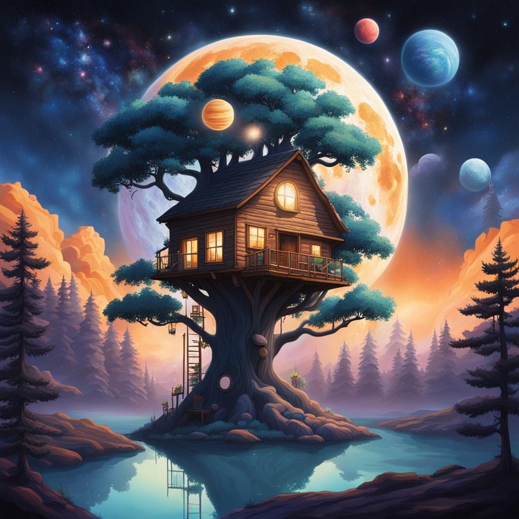 Treehouse on the Moon with Cosmic Canvas