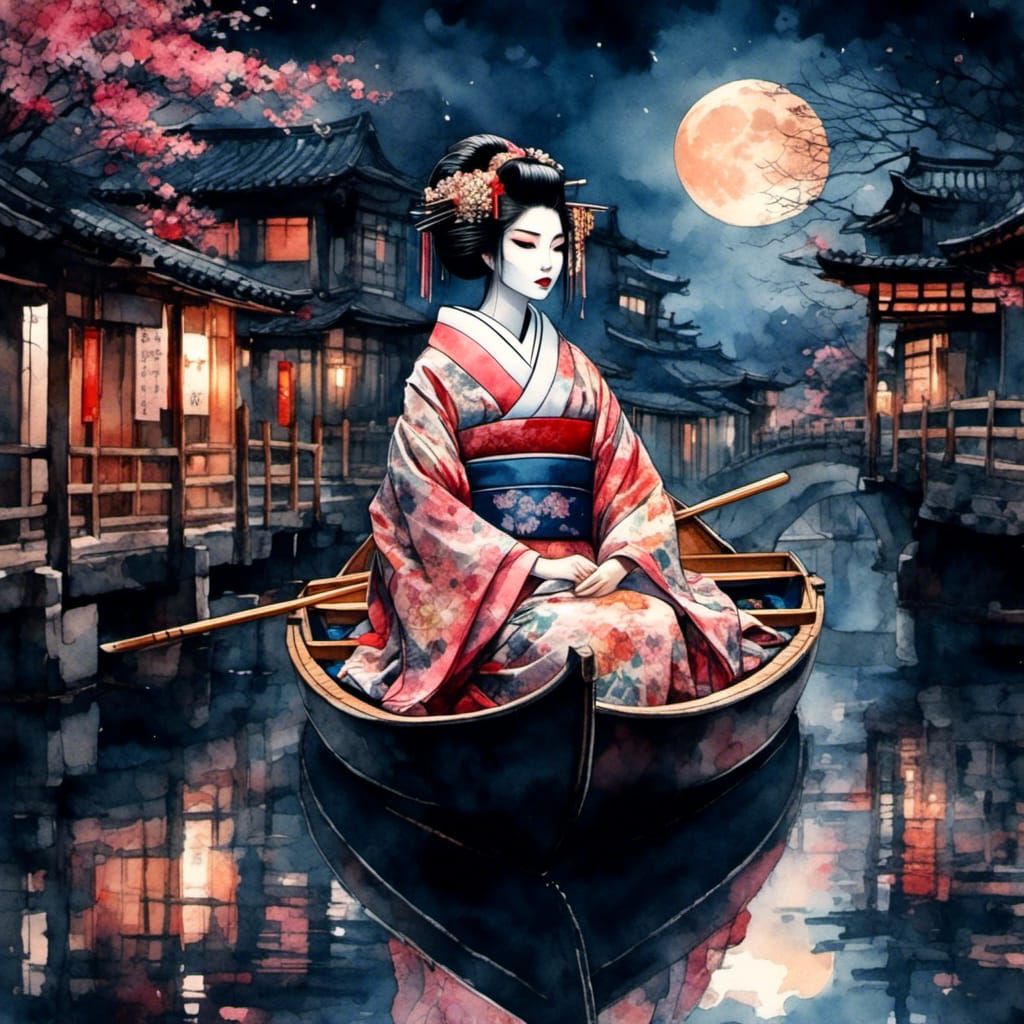 Geisha in Gondola at Night in Watercolor Style