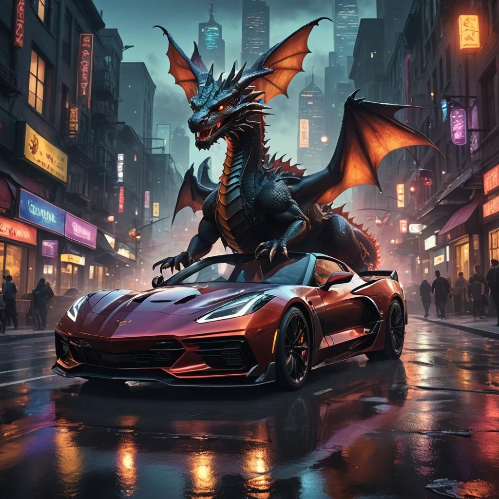Dragon Rides Corvette in Dreamlike Cityscape