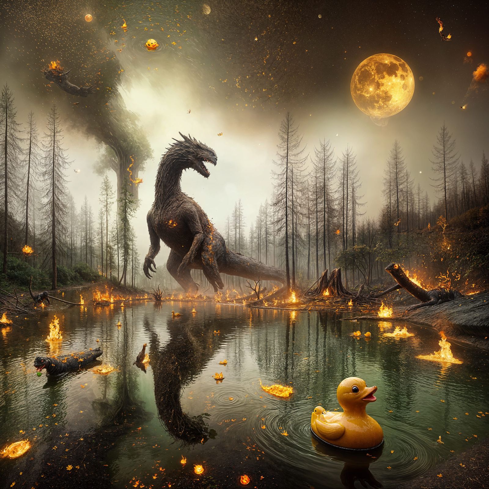 Mythical Creature Emerges from Burning Landscape