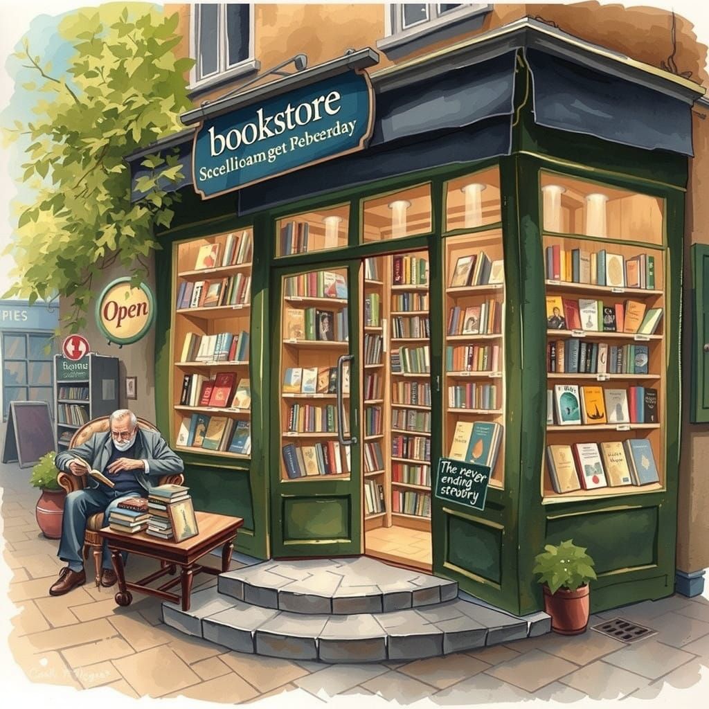 A Charming Bookstore Scene in Watercolor