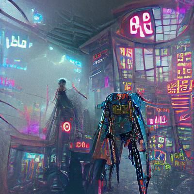 Futuristic Robot Guards Cyberpunk Bank at Night