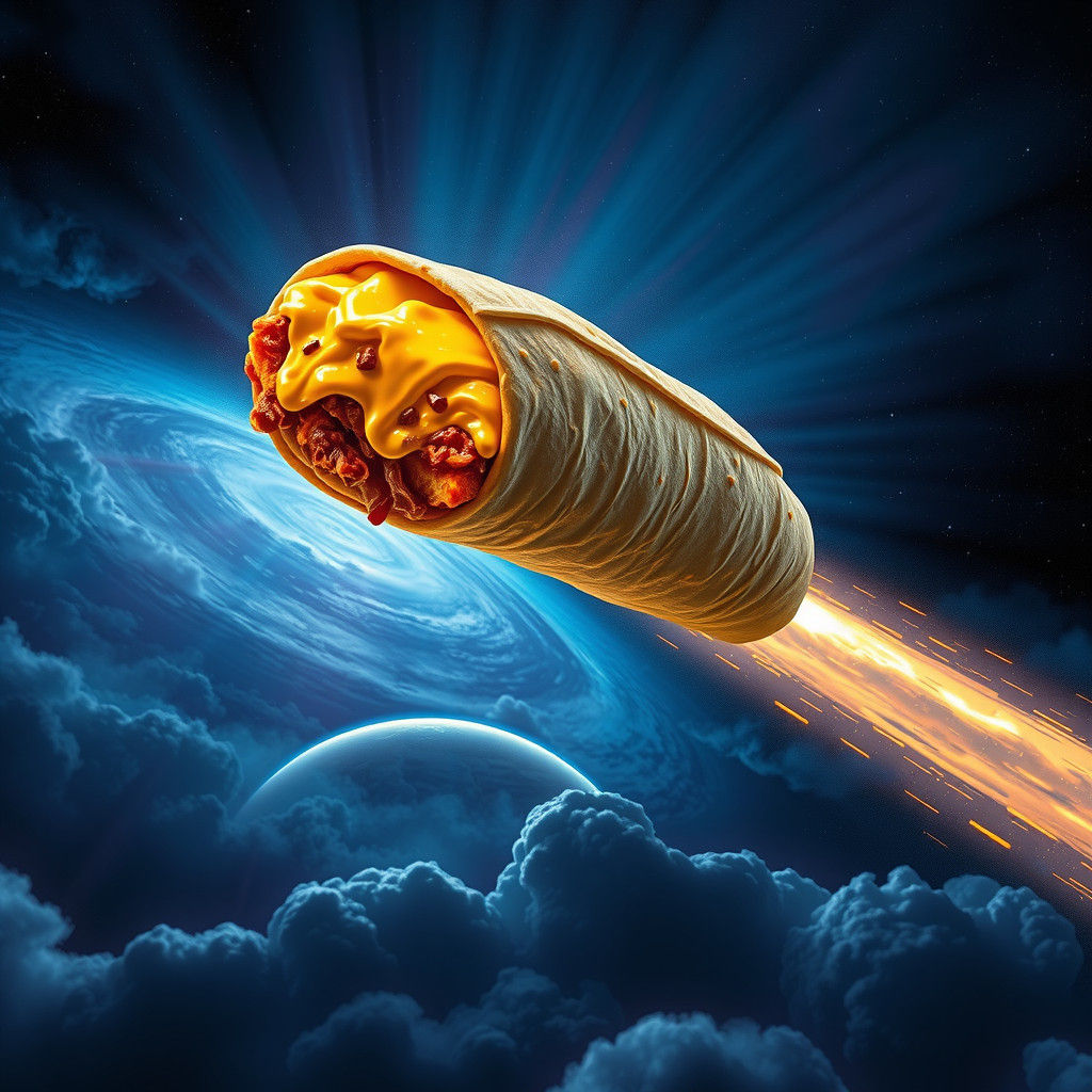A giant monster burrito dripping with cheese flying through ...