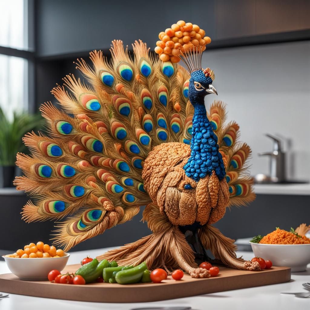 Surreal Food Art Masterpiece of a Peacock on a Kitchen Count...