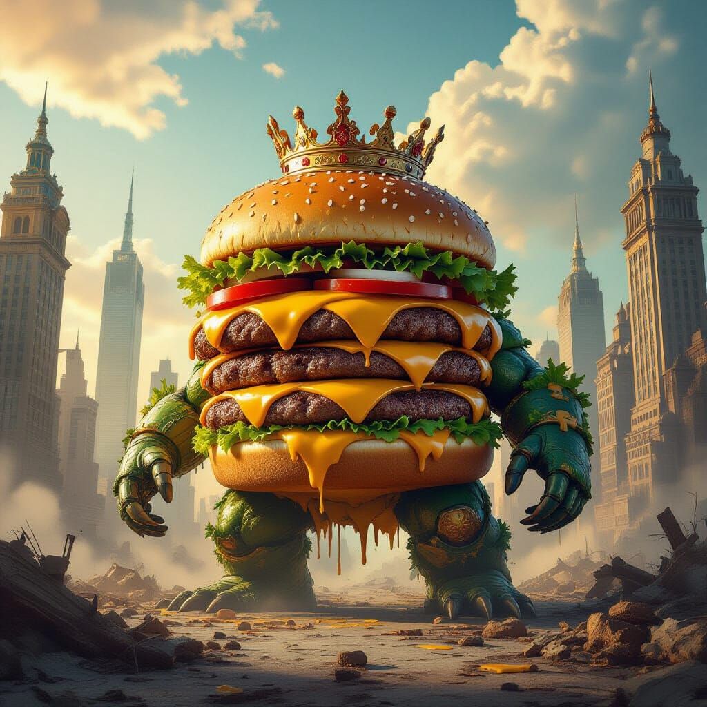 Burger Monster King Surveys Opulent Cityscape