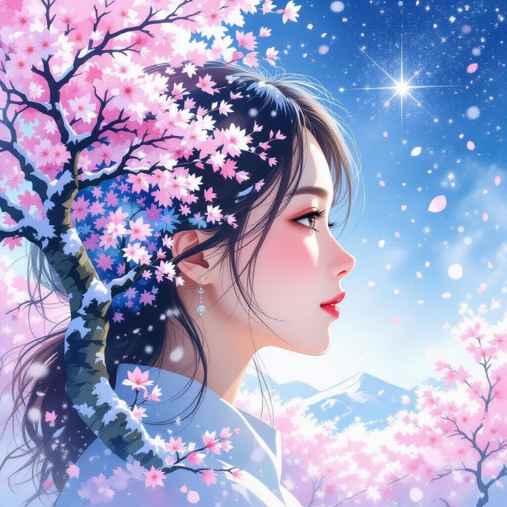 Serene Woman Silhouette with Blossom Landscape