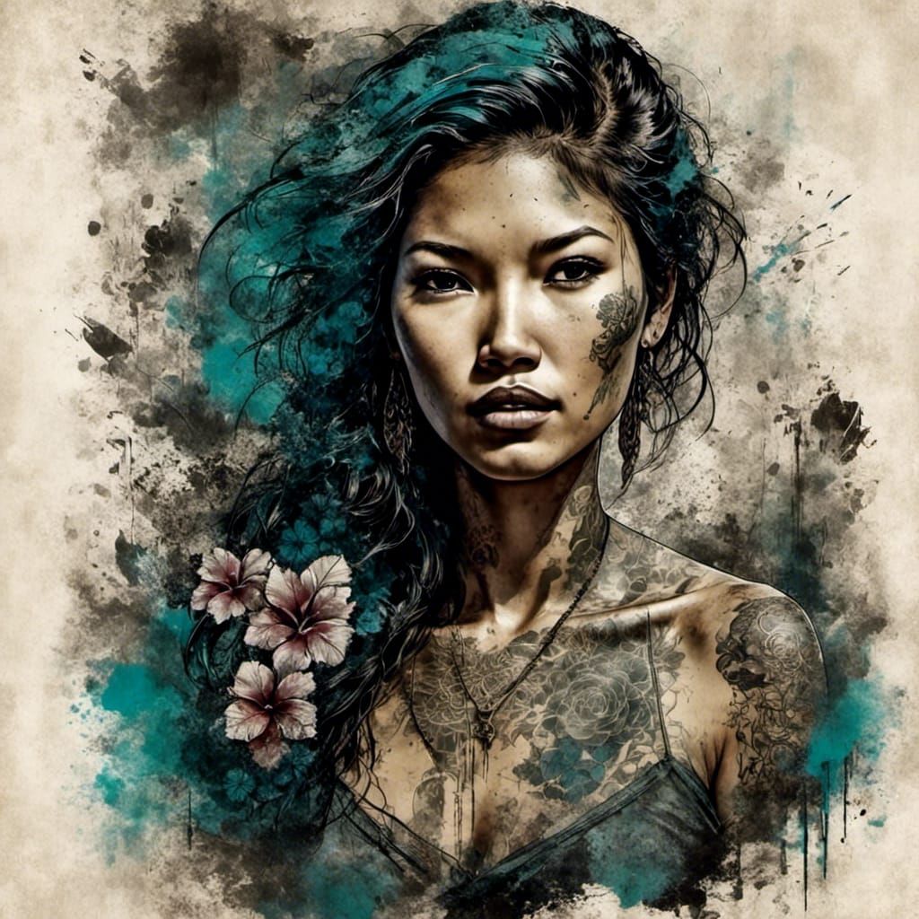 Polynesian Maori Girl with Tattoos on Grungy Beach