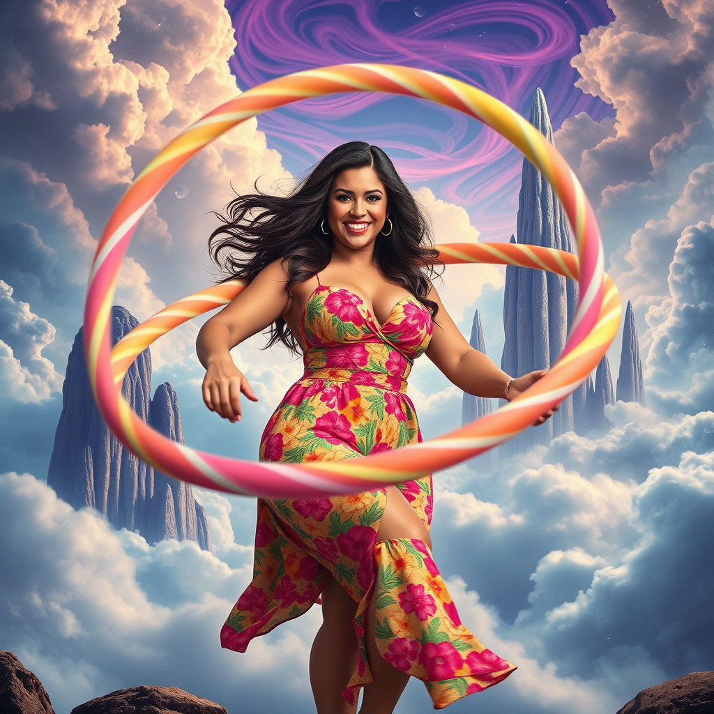 Donut Hula Hoop Girl in Dreamlike Landscape