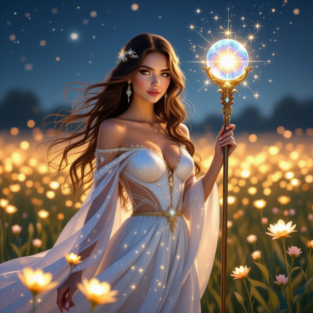Ethereal Woman in Starlight Gown with Crystal Orb