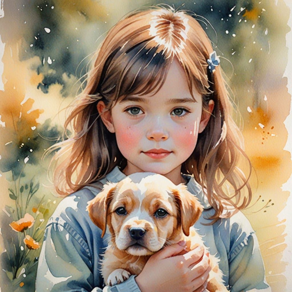 Little Girl Holding Puppy in Watercolor Portrait