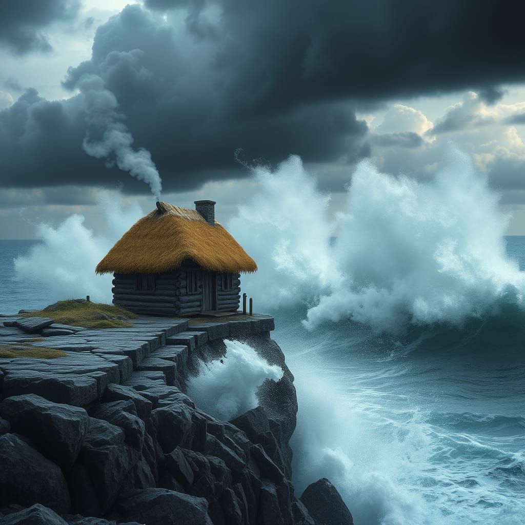 Rustic Hut on Stormy Ocean's Edge
