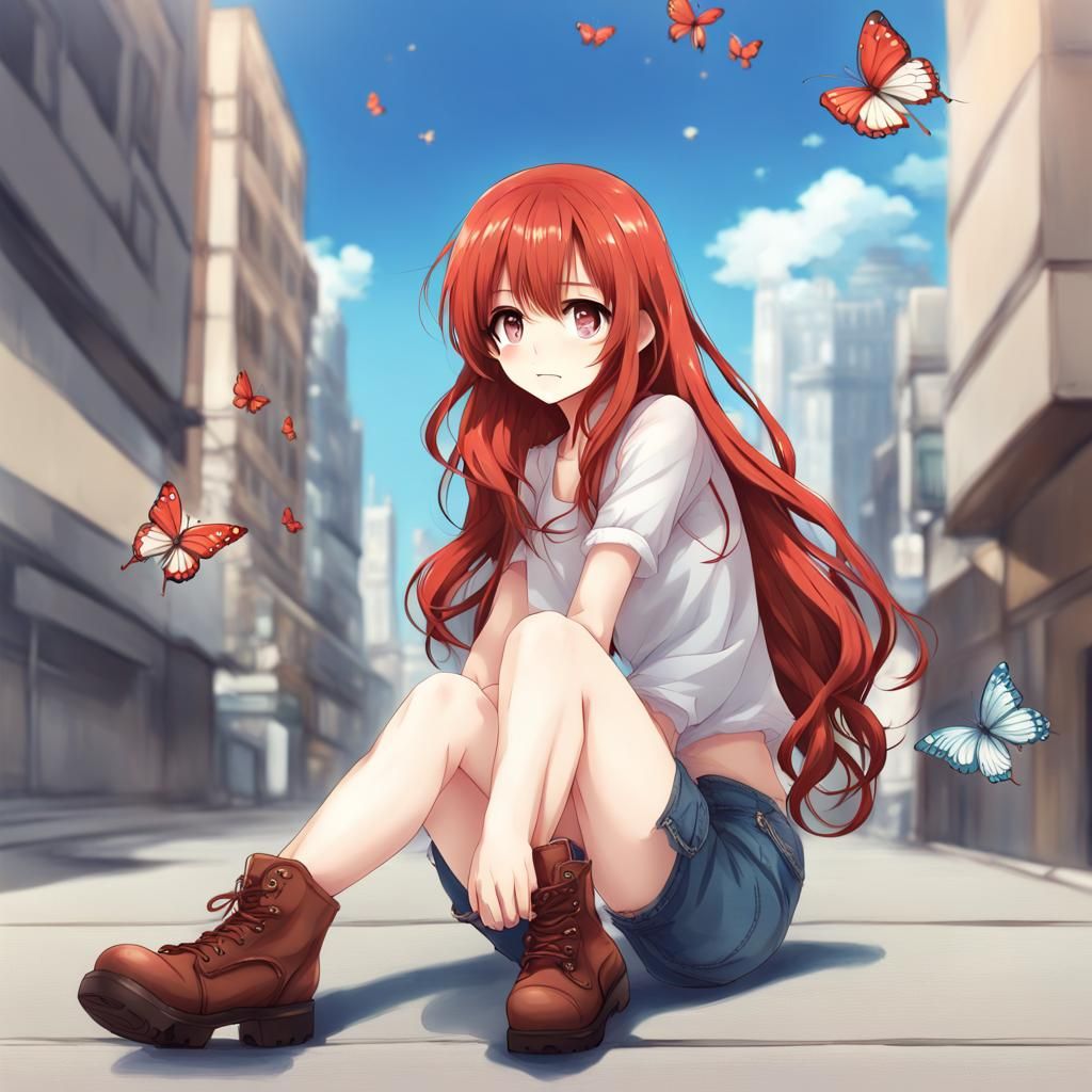 Cute Anime Girl with Red Hair and Big Eyes
