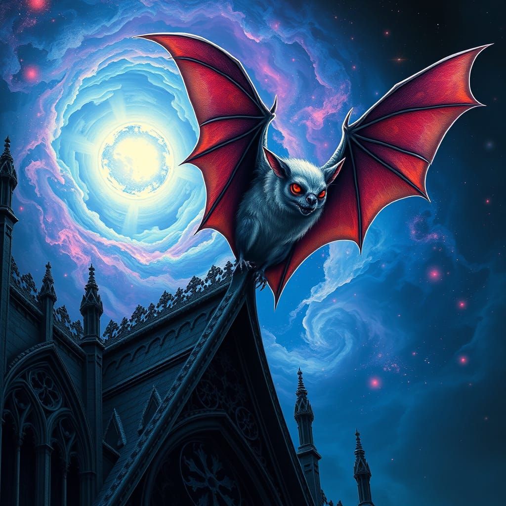 Cosmic Vampire Bat Perched on Gothic Cathedral