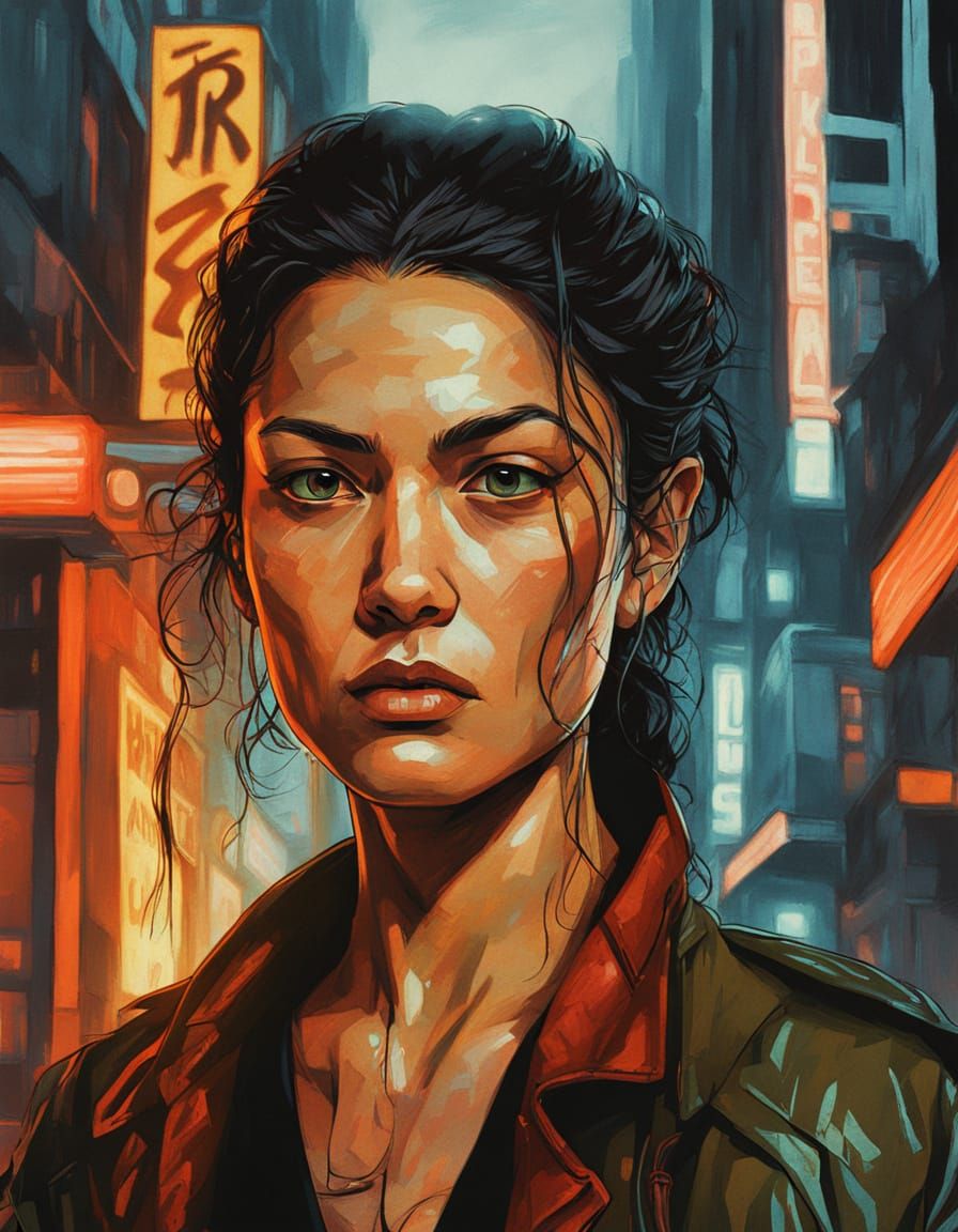 Cyberpunk Panam Palmer Painting with Neon City Backdrop