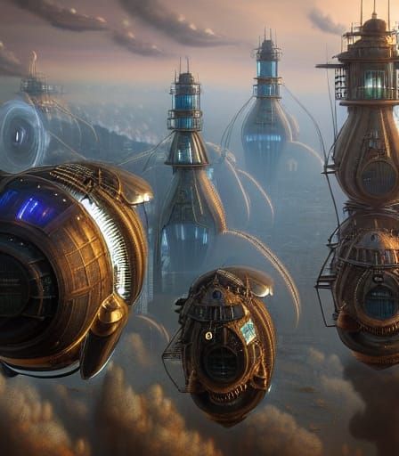 Steampunk Cityscape with Airships in Detailed Matte Painting